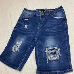 Sandpiper Blue distressed denim shorts women 16  Bermuda high rise fit. SKU292